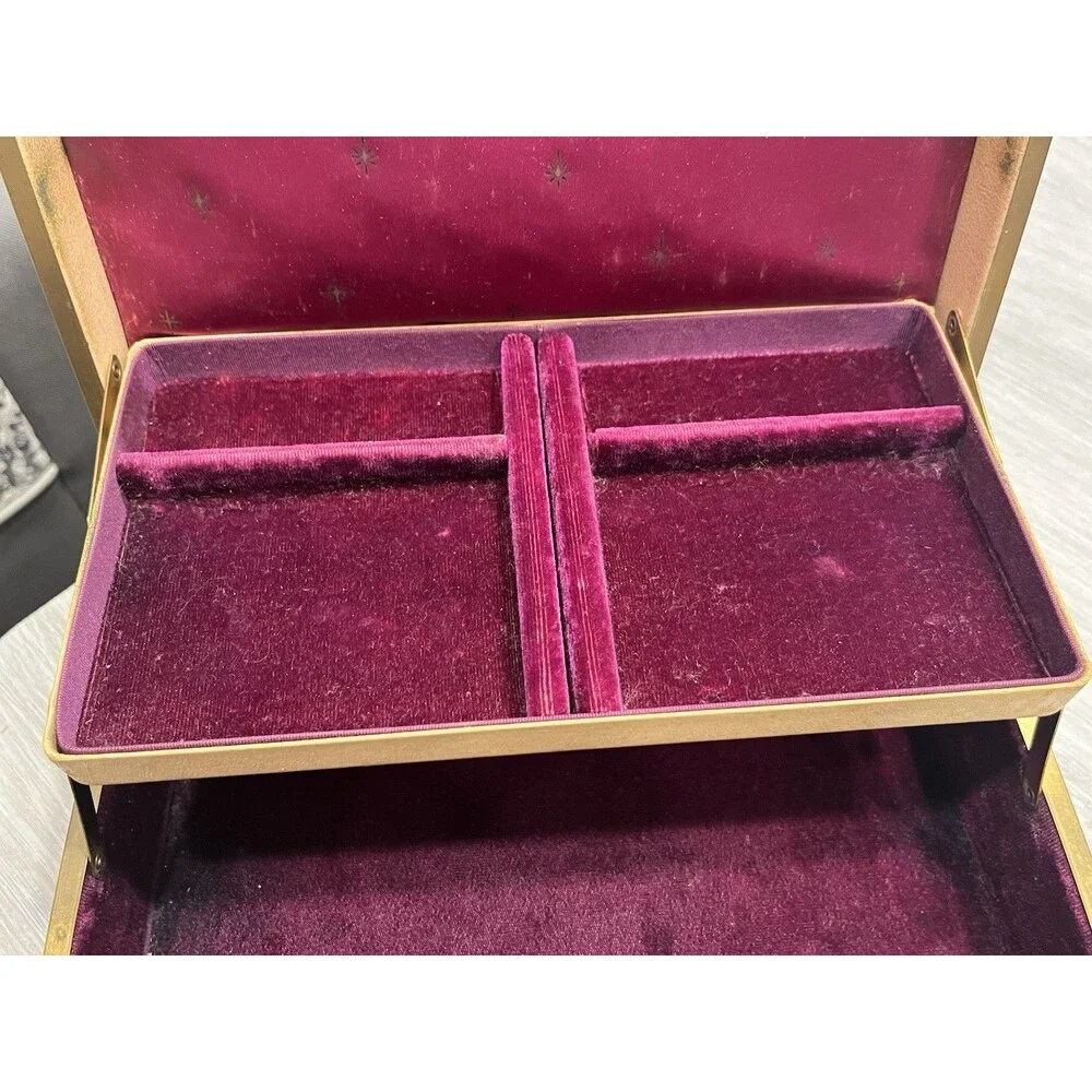 Vintage Fashioned By Farrington Texol Jewelry Box Travel Jewel Case Tan Purple